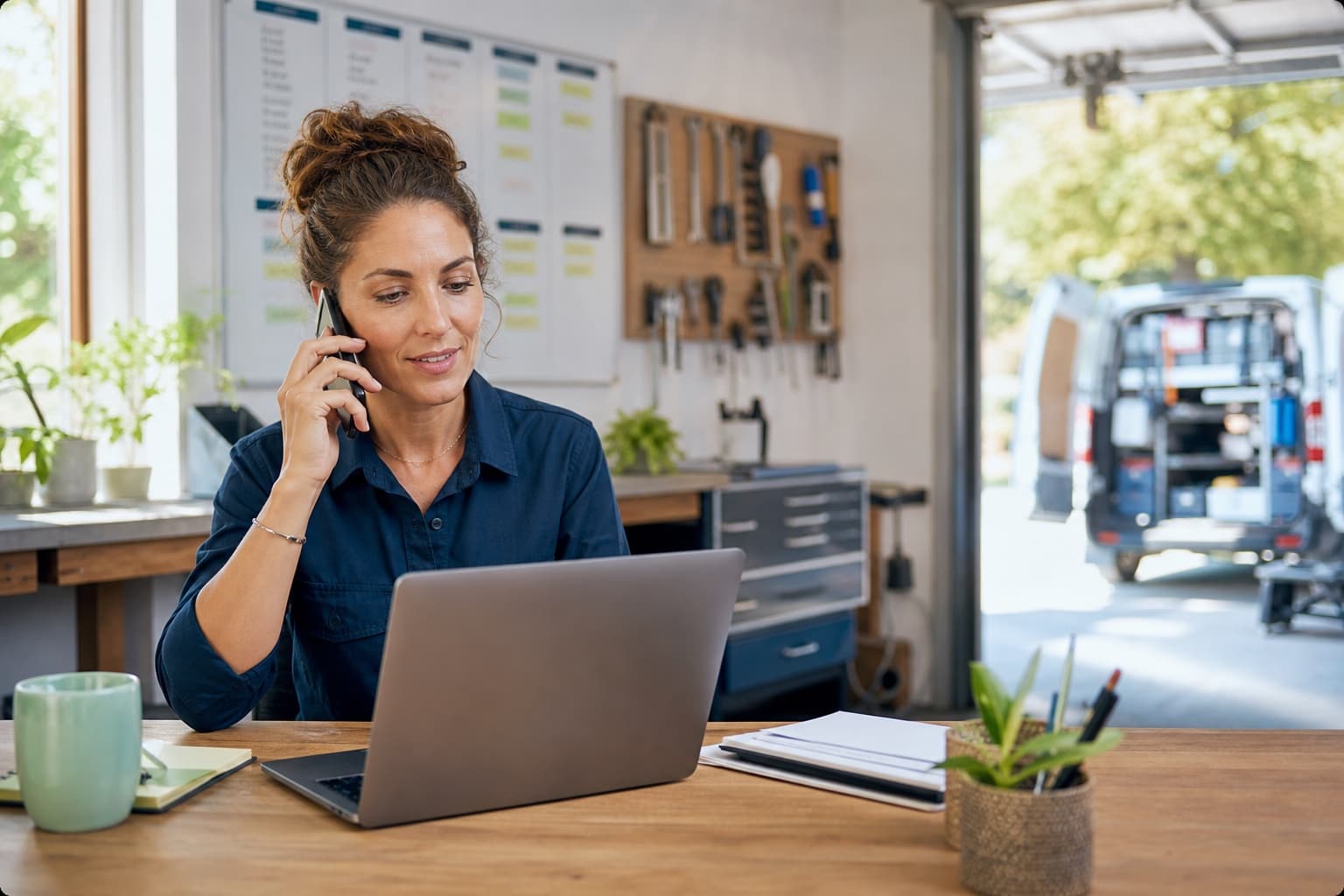Home-service business owner answering a customer call